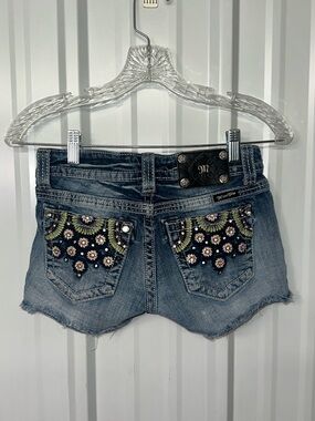 Women’s Miss Me Rhinestone Embellished Denim Shorts Y2K Glam Western Bling